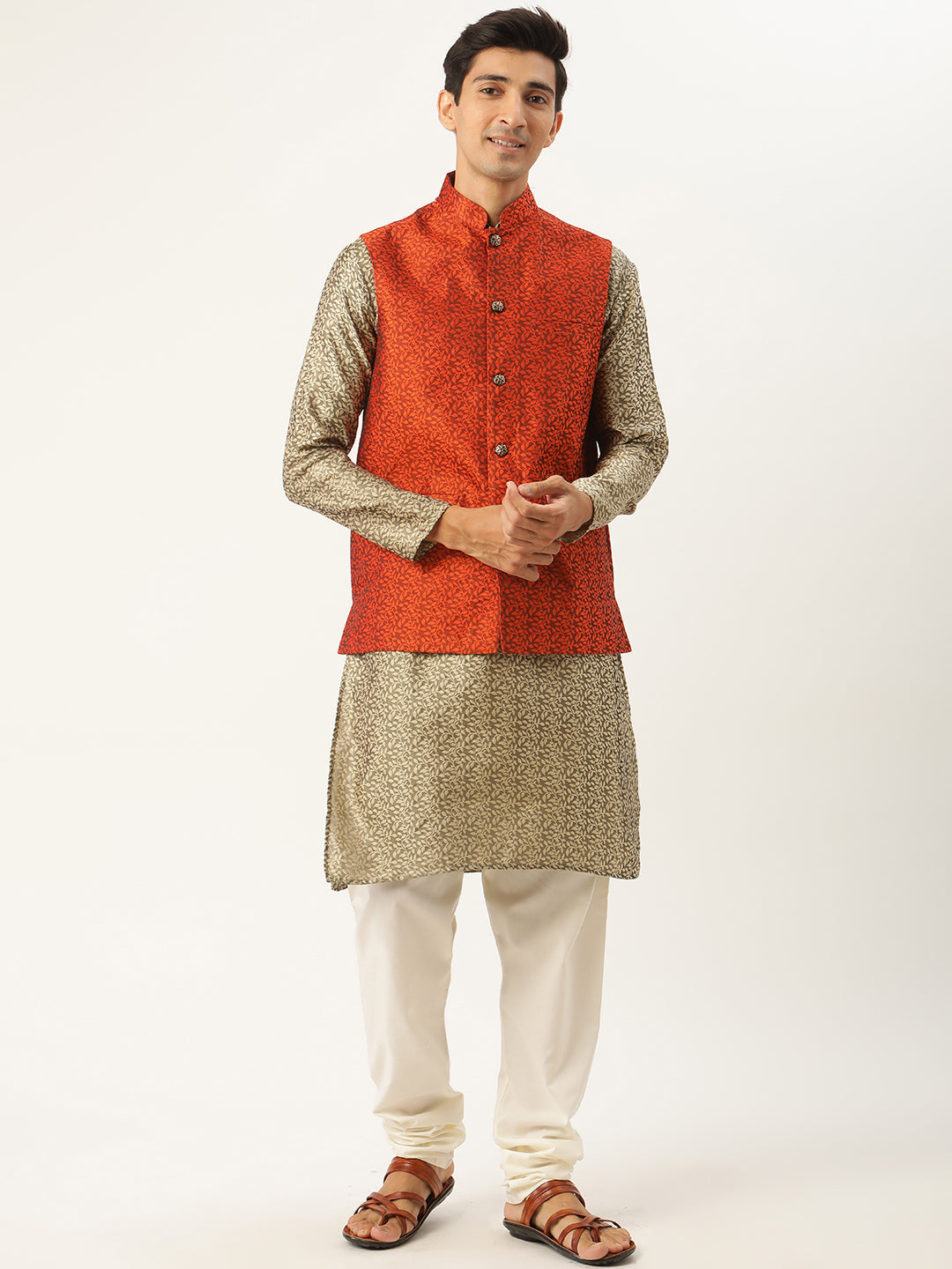 Sojanya Men's Jacquard Silk Beige Kurta & Orange Nehrujacket With Offwhite Pyjama Combo - Sojanya