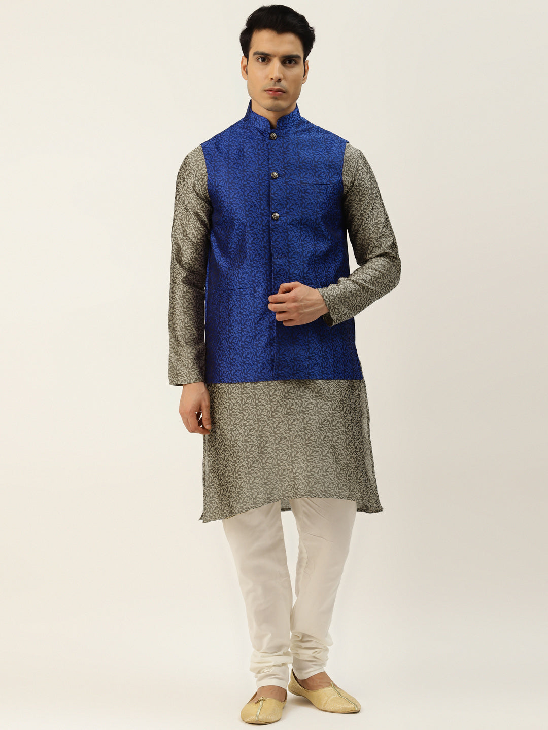 Sojanya Men's Jacquard Silk Beige Kurta & Royalblue Nehrujacket With Offwhite Pyjama Combo - Sojanya