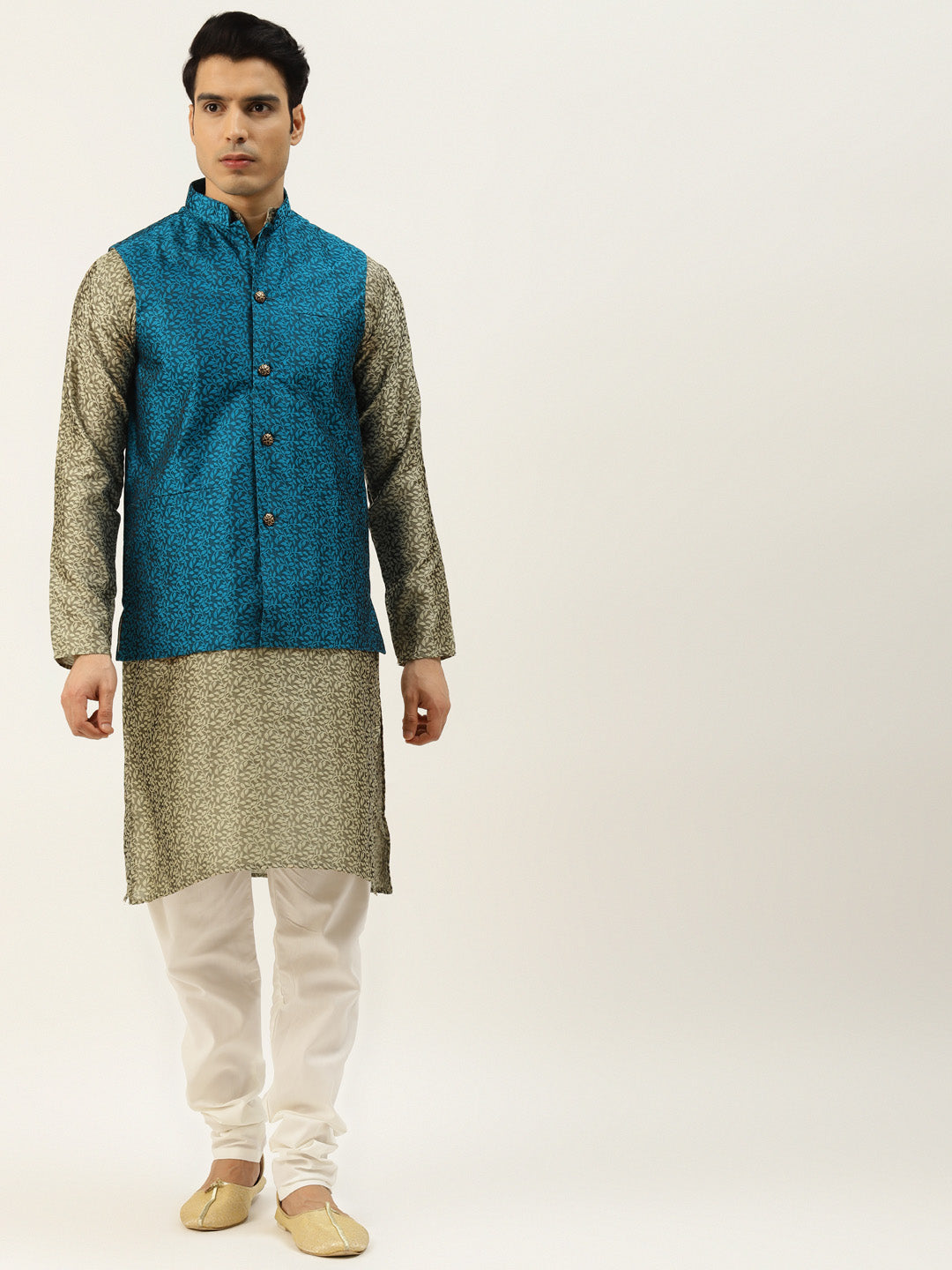 Sojanya Men's Jacquard Silk Beige Kurta & Nehrujacket With Offwhite Pyjama Combo - Sojanya