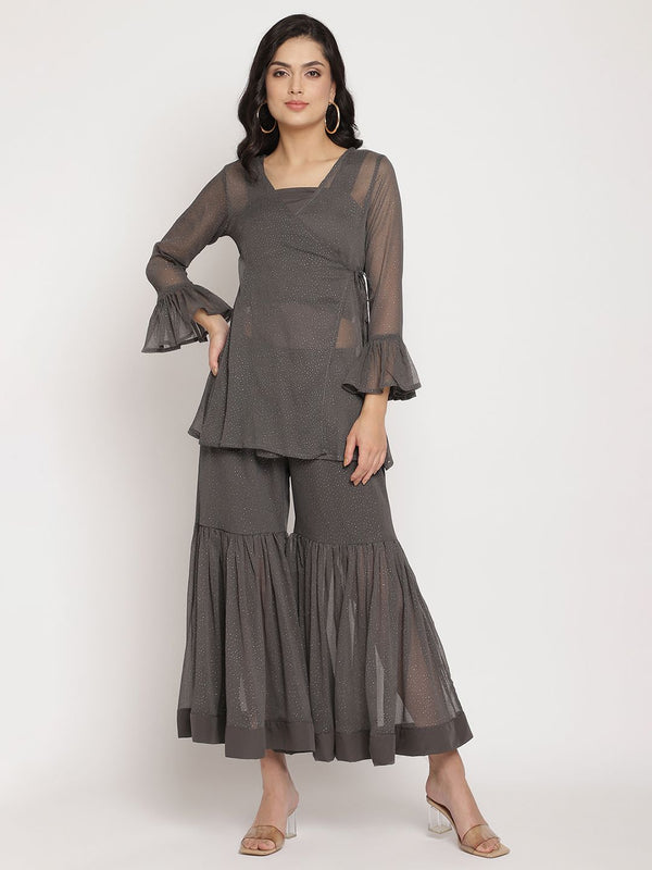 Women's Charcoal Grey Poly Chiffon Angrakha Sharara Set