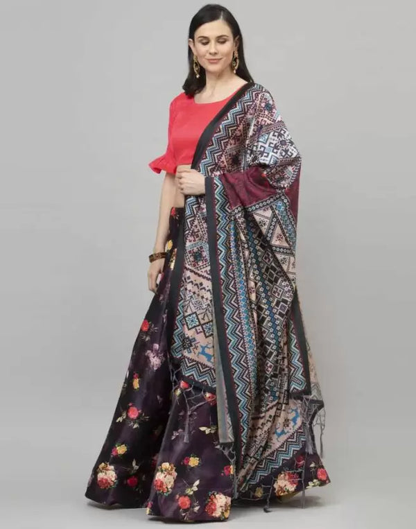 Women's Digital Print Shiney Satin Lehenga Choli With Dupatta And Unstitched Blouse - Kaizen Texo Fab