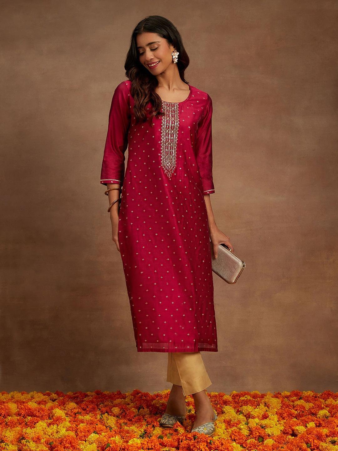 Fuchsia Chanderi Silk Woven Design Kurta - Jashvi