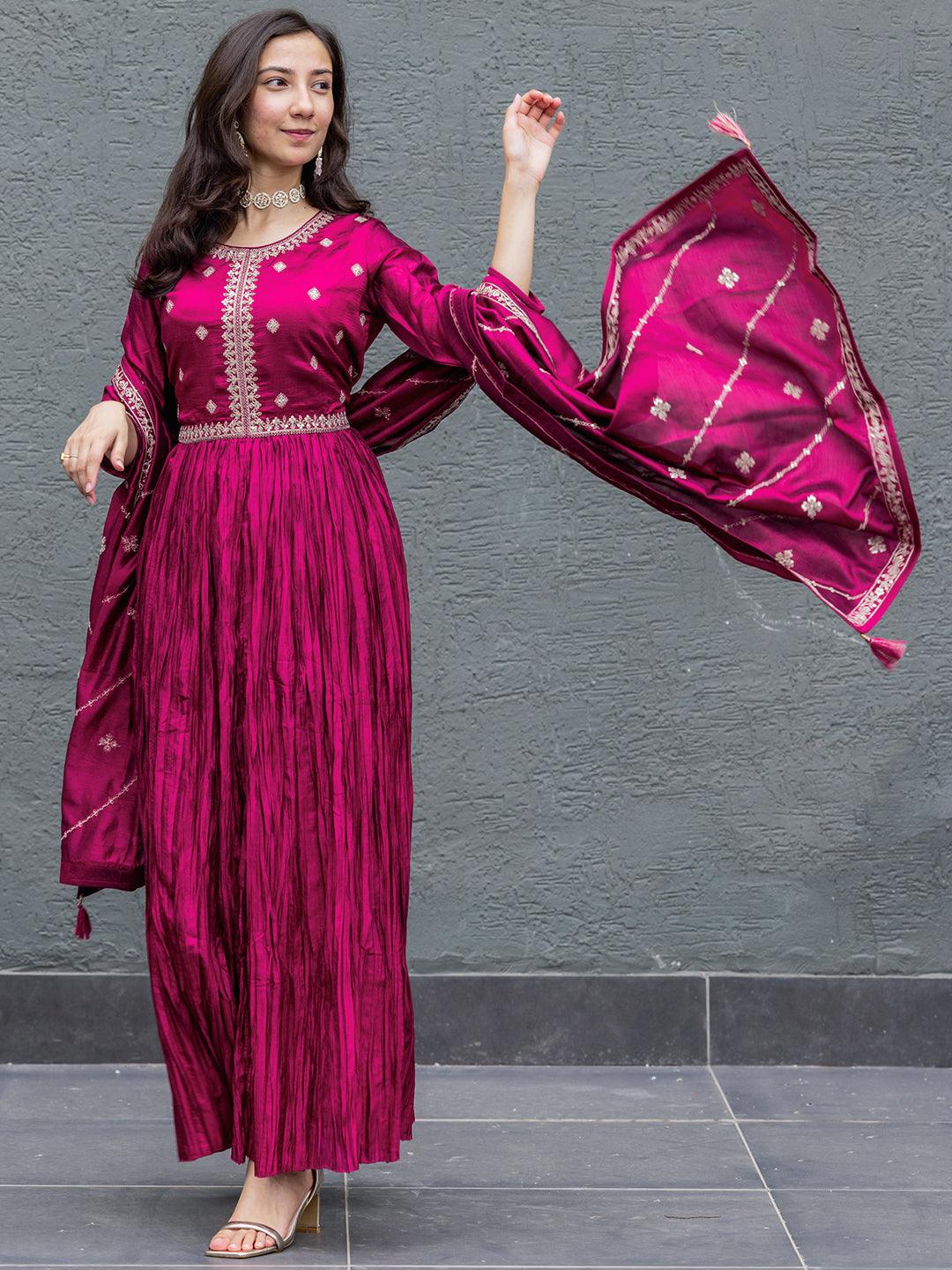 Fuchsia Embroidered Silk Blend Anarkali Kurta With Trousers & Dupatta - Jashvi