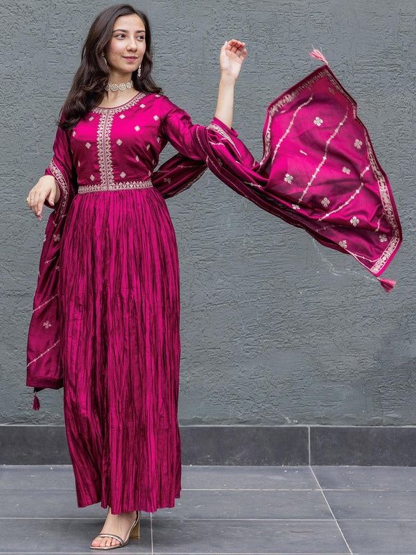 Fuchsia Embroidered Silk Blend Anarkali Kurta With Trousers & Dupatta - Jashvi