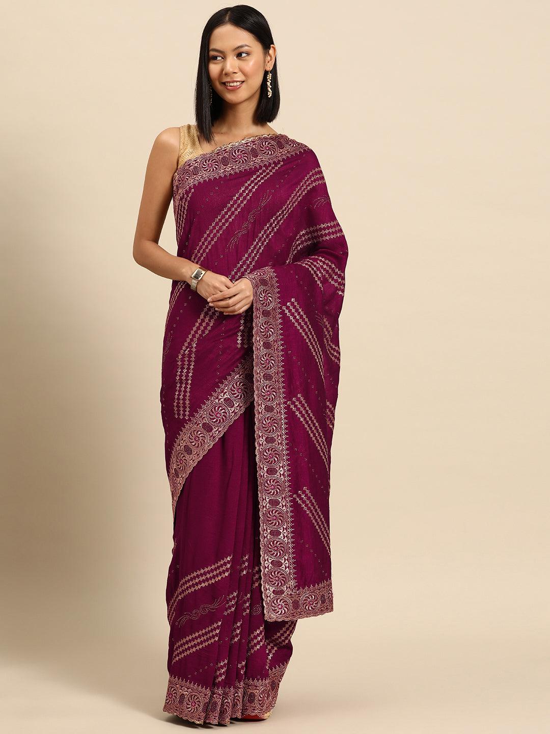 Fuchsia Embroidered Silk Blend Saree - Jashvi