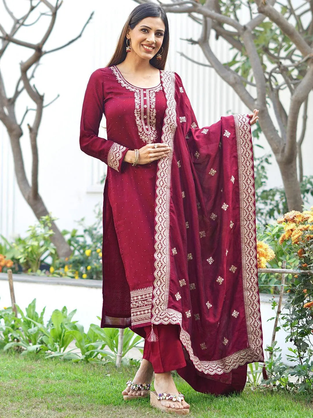 Fuchsia Embroidered Silk Blend Straight Kurta With Dupatta - Jashvi