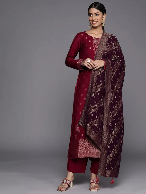 Fuchsia Self Design Pashmina Wool Straight Suit Set - Jashvi