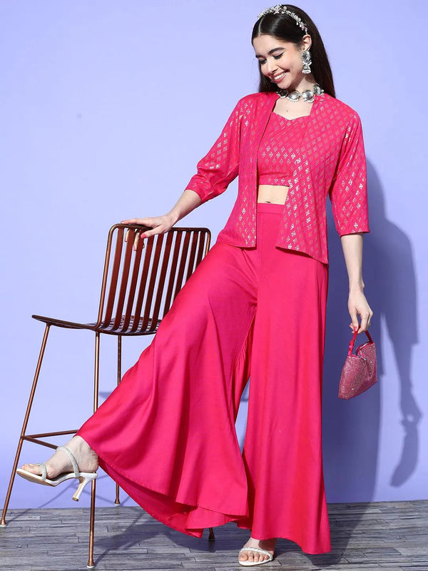 Fuchsia Self Design Silk Blend Top With Palazzos & Jacket - Jashvi