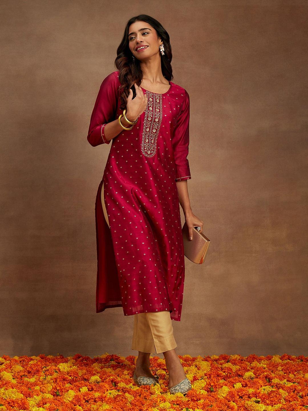 Fuchsia Woven Design Chanderi Silk Straight Kurta - Jashvi