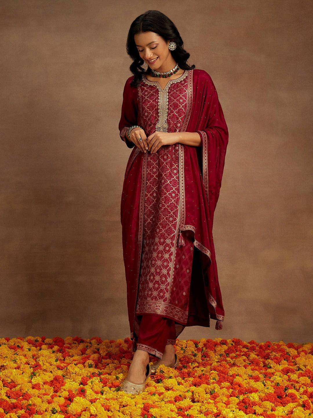 Fuchsia Woven Design Silk Blend Straight Kurta With Trousers & Dupatta - Jashvi