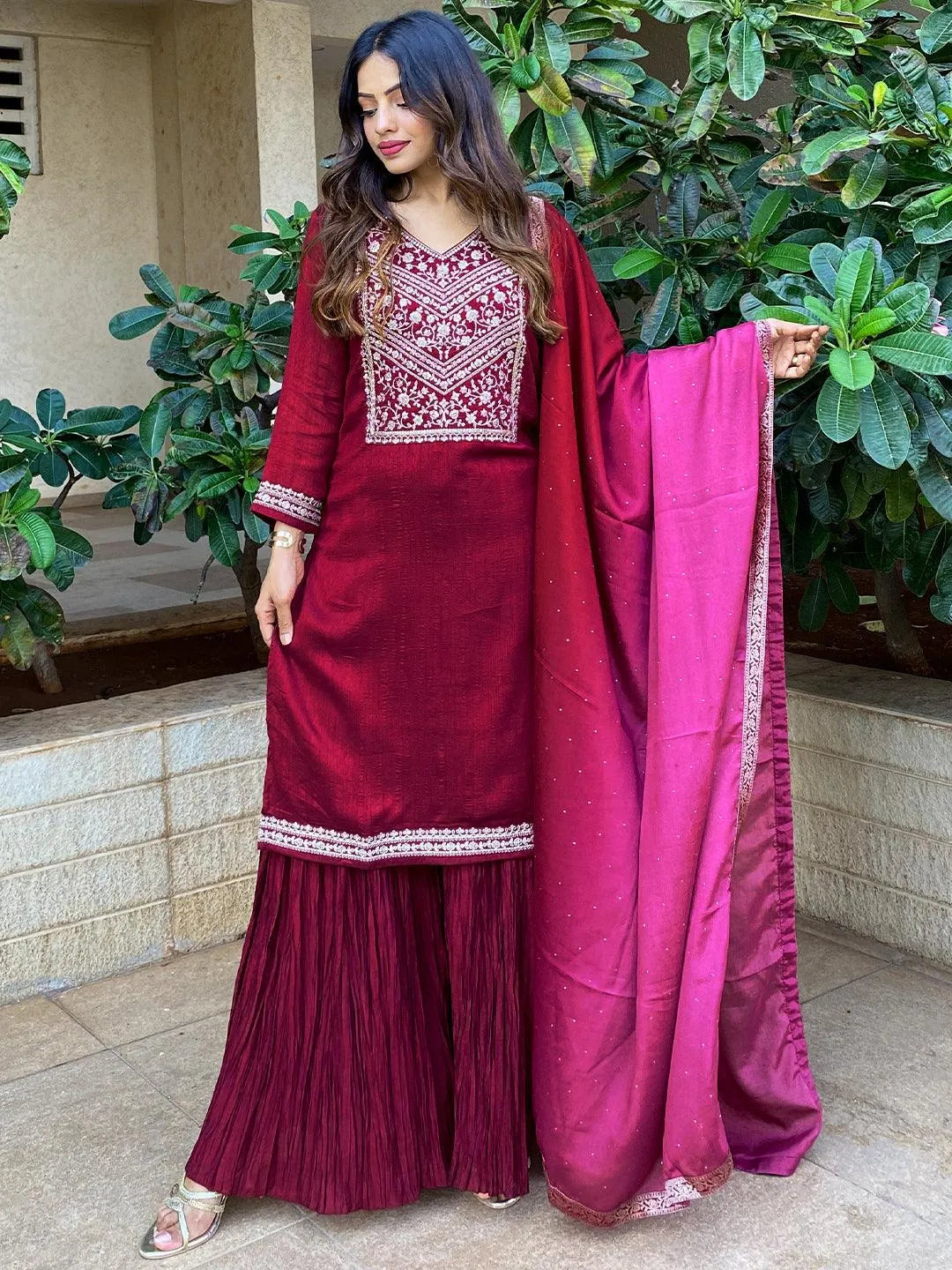 Fuchsia Yoke Design Silk Blend Straight Kurta With Sharara & Dupatta - Jashvi