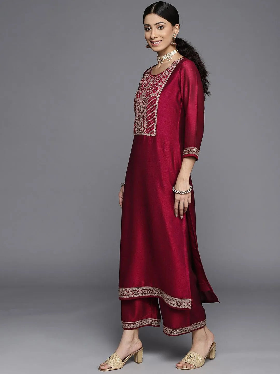 Fuchsia Yoke Design Silk Kurta - Jashvi