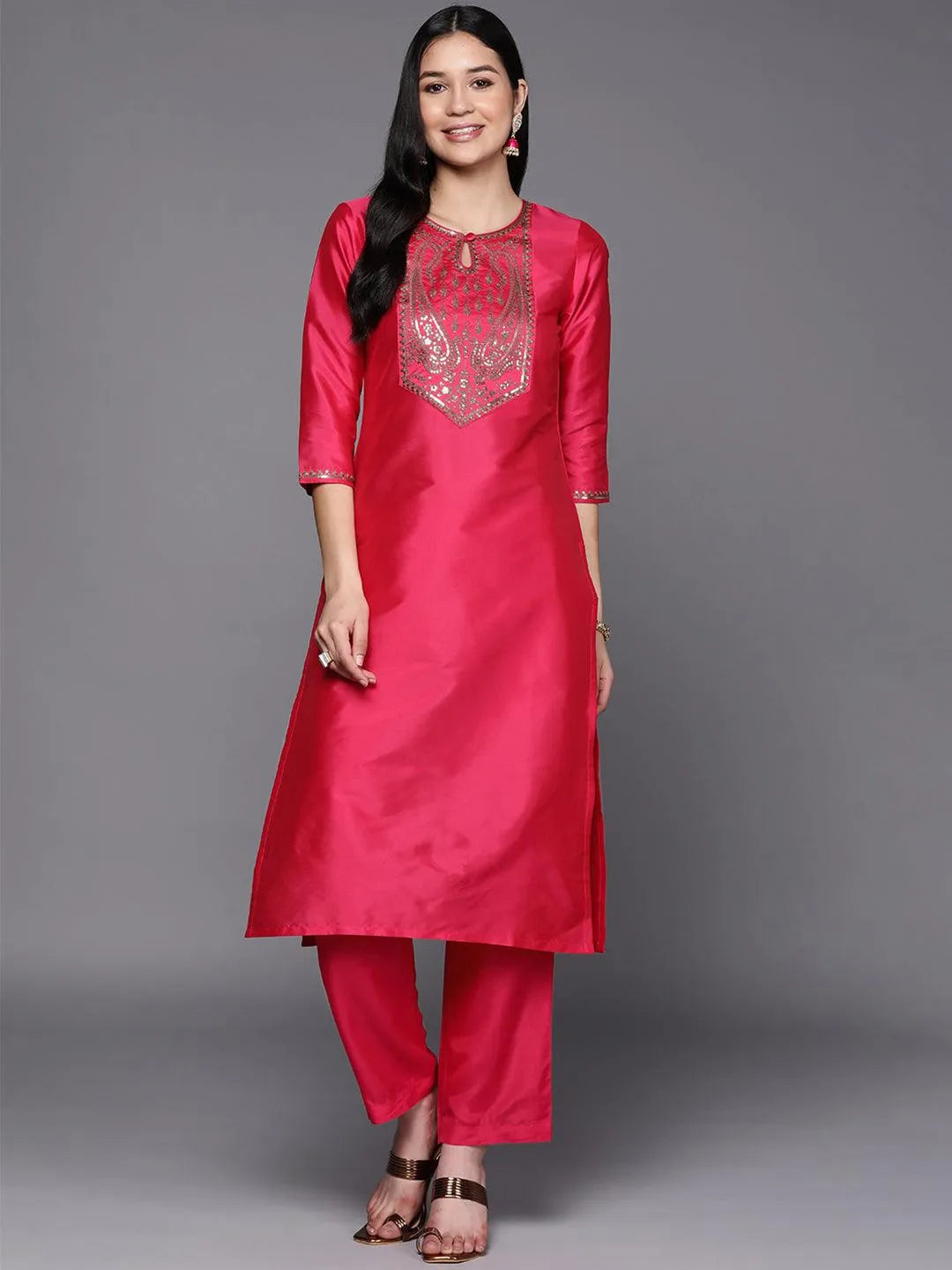 Fuchsia Yoke Design Silk Straight Kurta - Jashvi