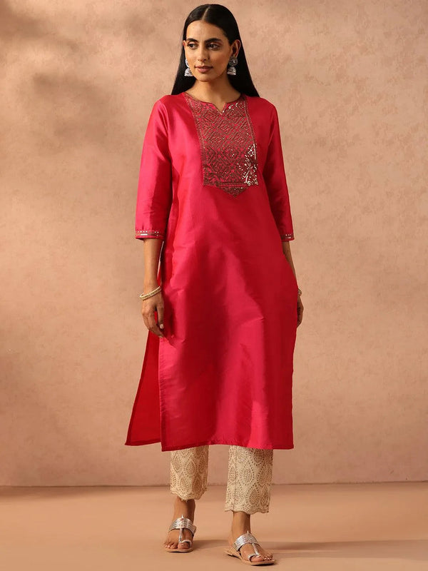 Fuchsia Yoke Design Silk Straight Kurta - Jashvi