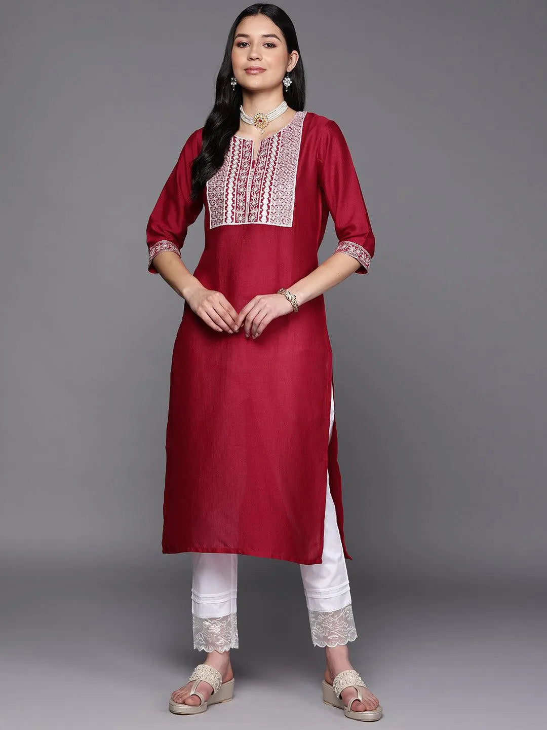 Fuchsia Yoke Design Silk Straight Kurta - Jashvi