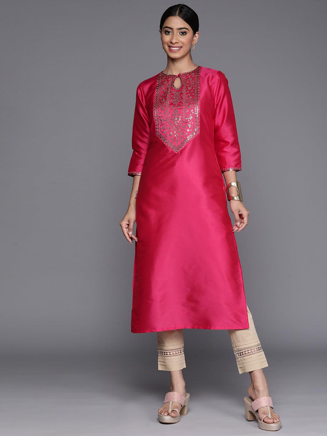 Fuchsia Yoke Design Silk Straight Kurta - Jashvi