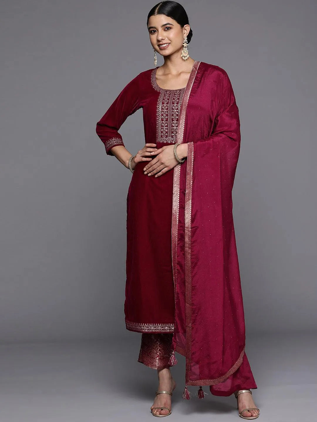 Fuchsia Yoke Design Velvet Straight Suit Set - Jashvi