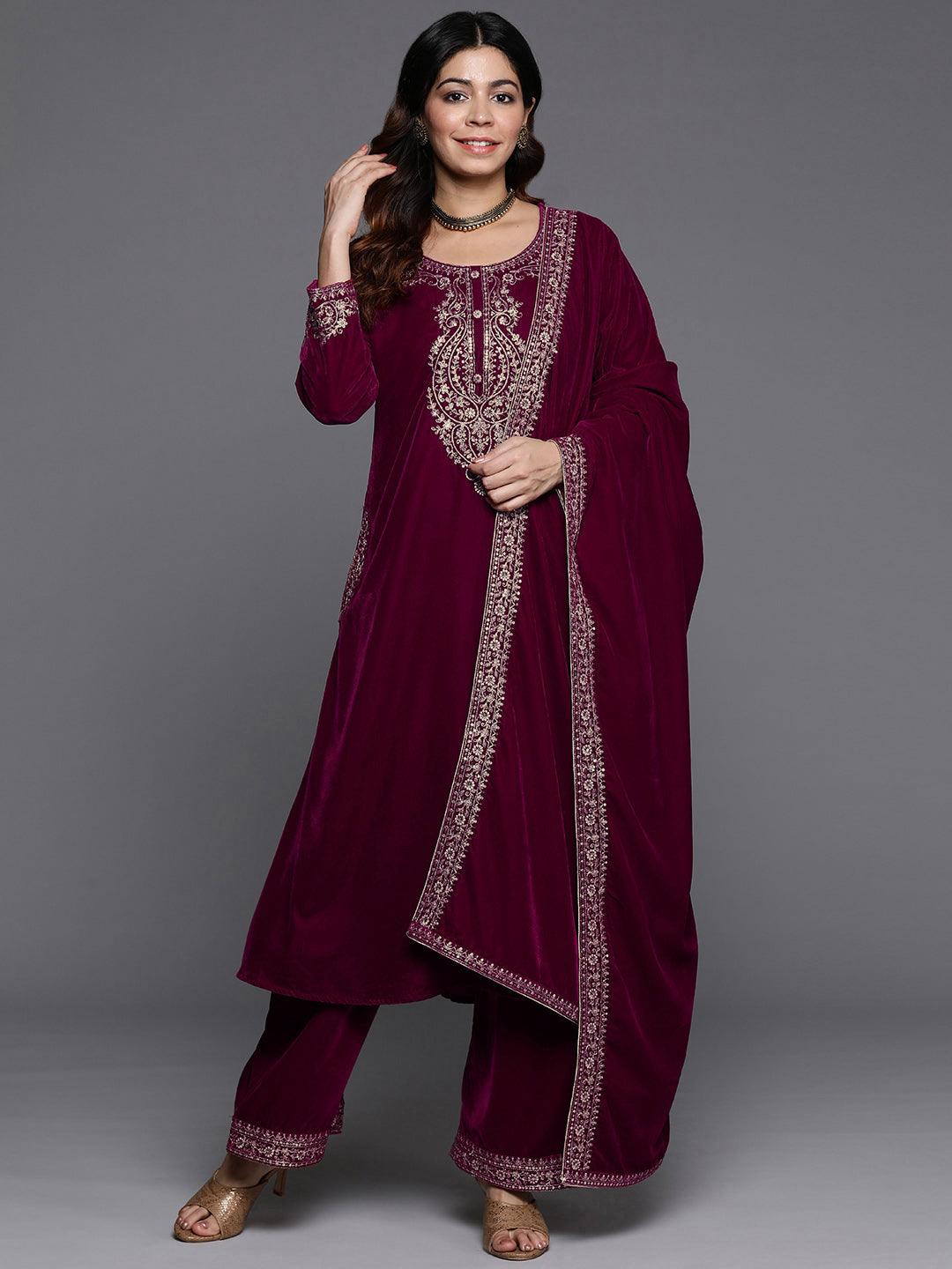 Fuschia Yoke Design Velvet A-Line Kurta With Palazzos & Dupatta - Jashvi