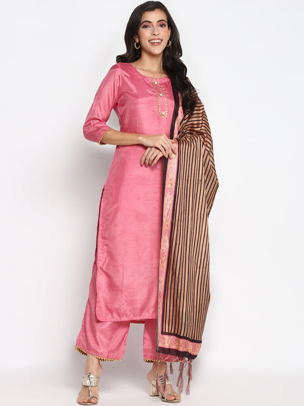 Women's Pink Color Silk Blend Straight Kurta Palazzo With Dupatta - VAABA