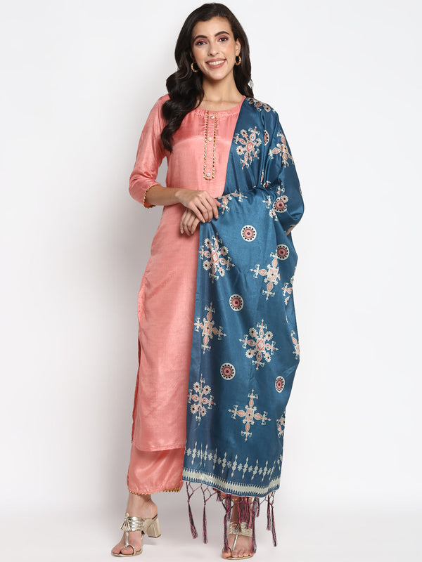 Women's Peach Color Silk Blend Straight Kurta Palazzo With Dupatta - VAABA