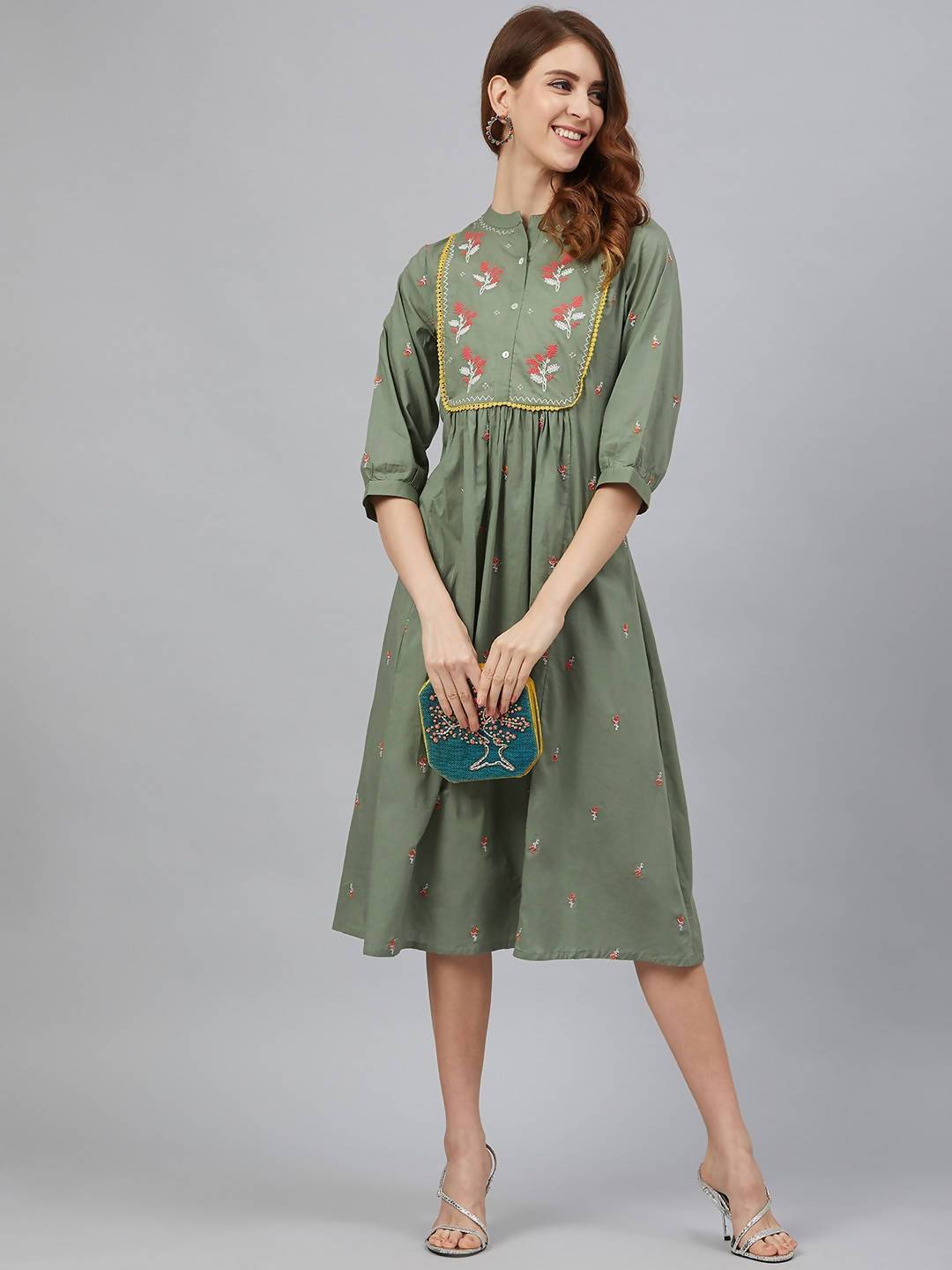 Women's Olive Cotton Embroidered Flared Kurta Dress - Juniper