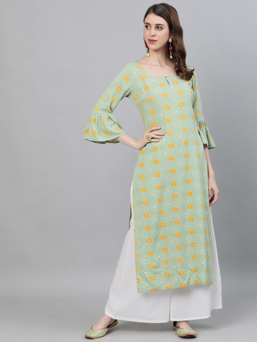 Women's Green & Yellow Floral Printed Straight Kurta - AKS