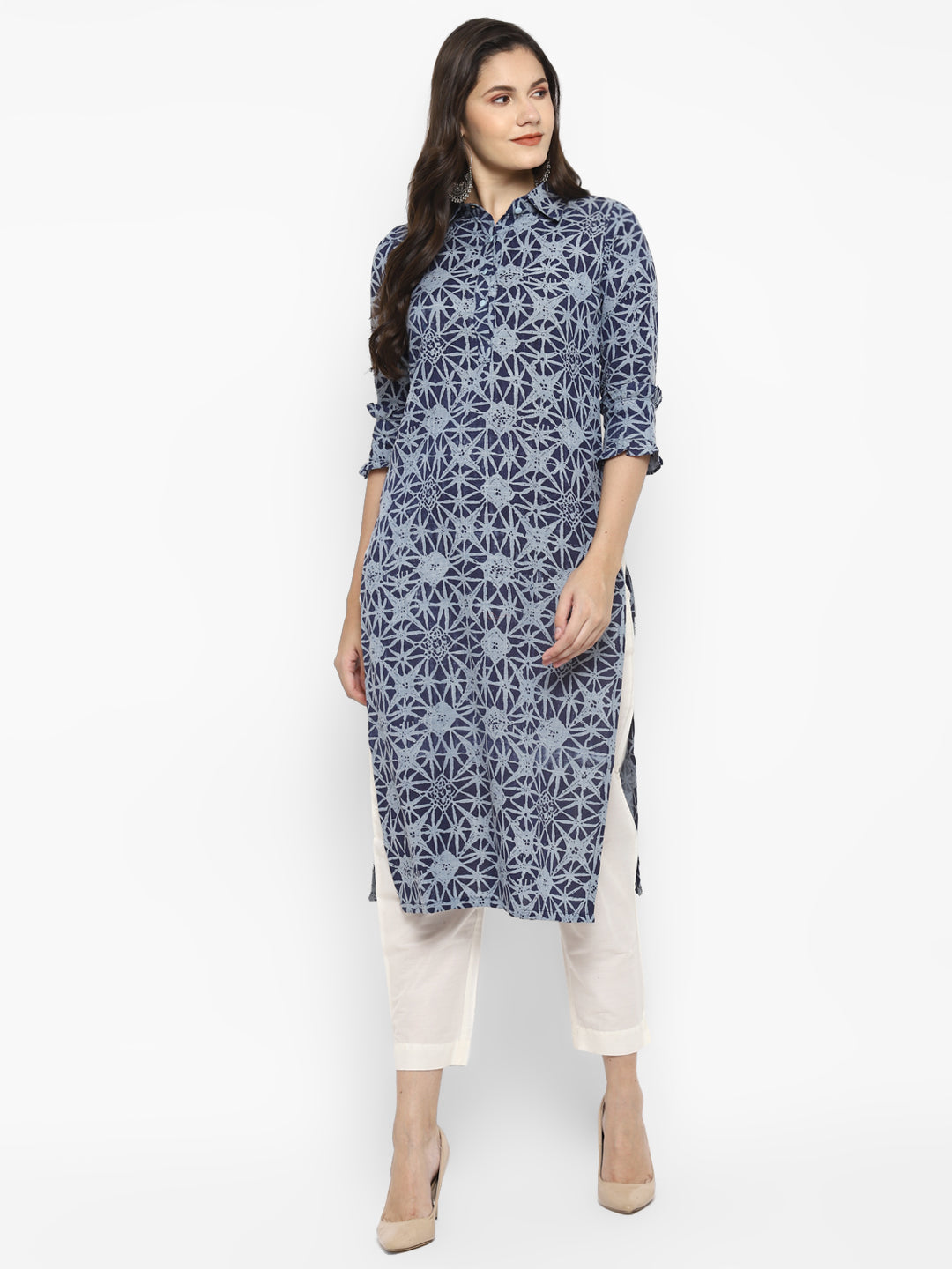 Women's Blue Color Cotton Blend Straight Printed Kurta - Vaaba