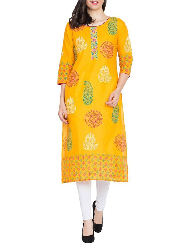 Women's Mustard Hand Block Print Straight Kurta Only - Cheera