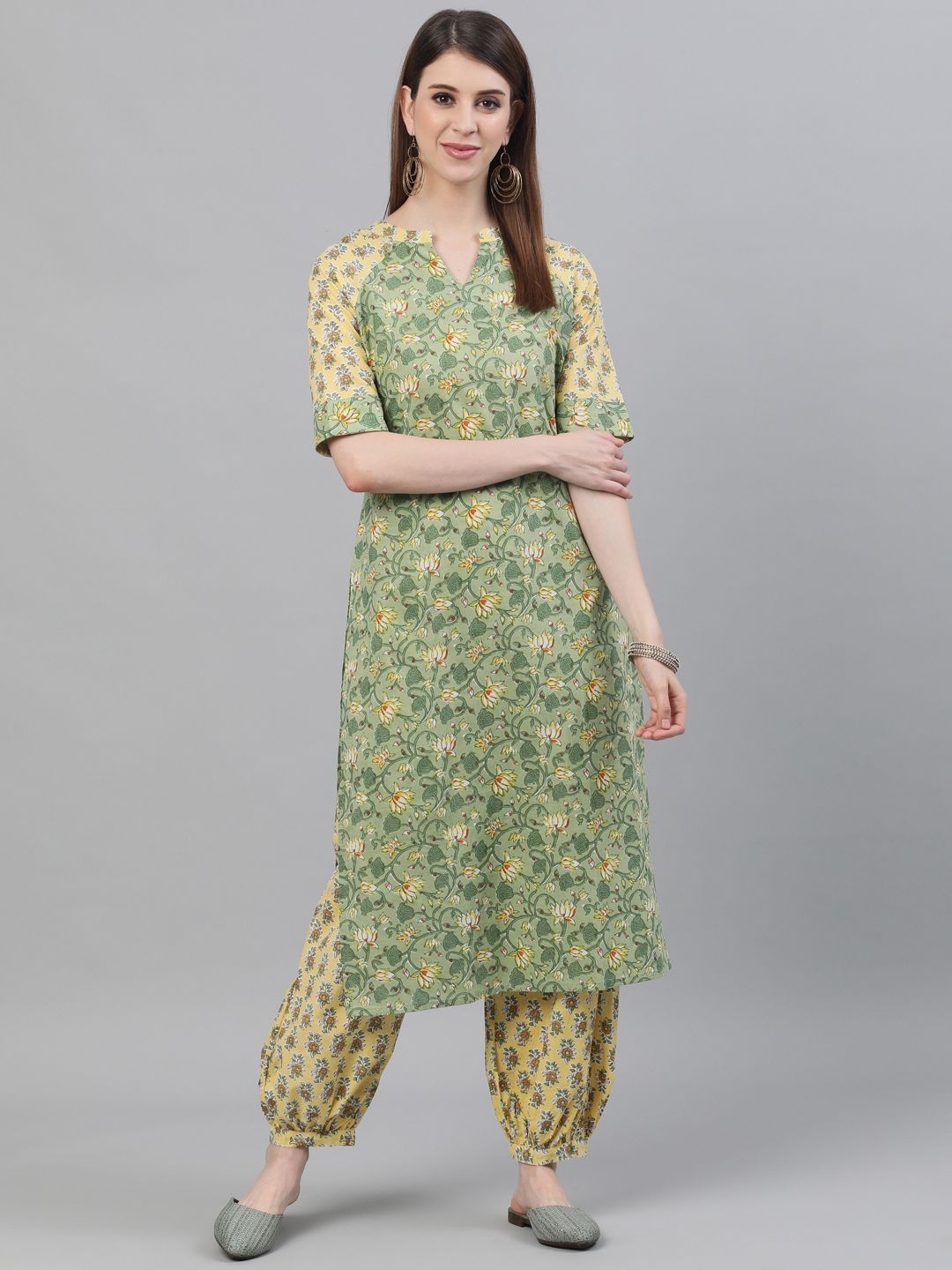 Women's Green & Yellow Floral Printed Kurta With Balloon Palazzo Set - AKS