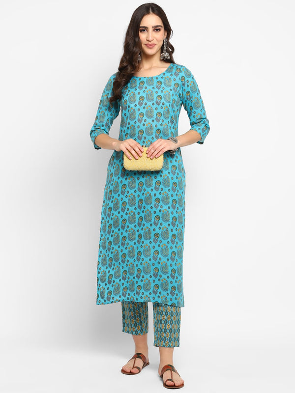 Women's Blue Printed Kurta Pant Set - Noz2Toz