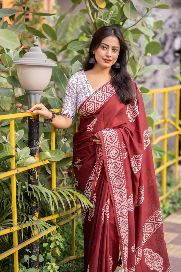 Women's Maroon Pure Chanderi Printed Saree - A2M