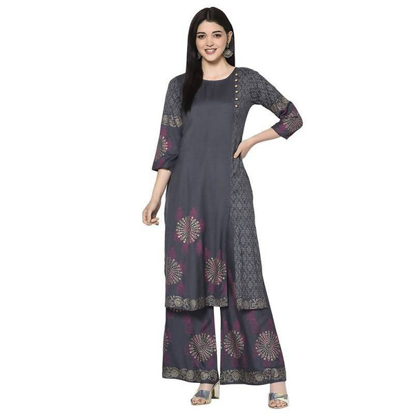 Women's Dark Grey Rayon Block print straight kurta - Aniyah