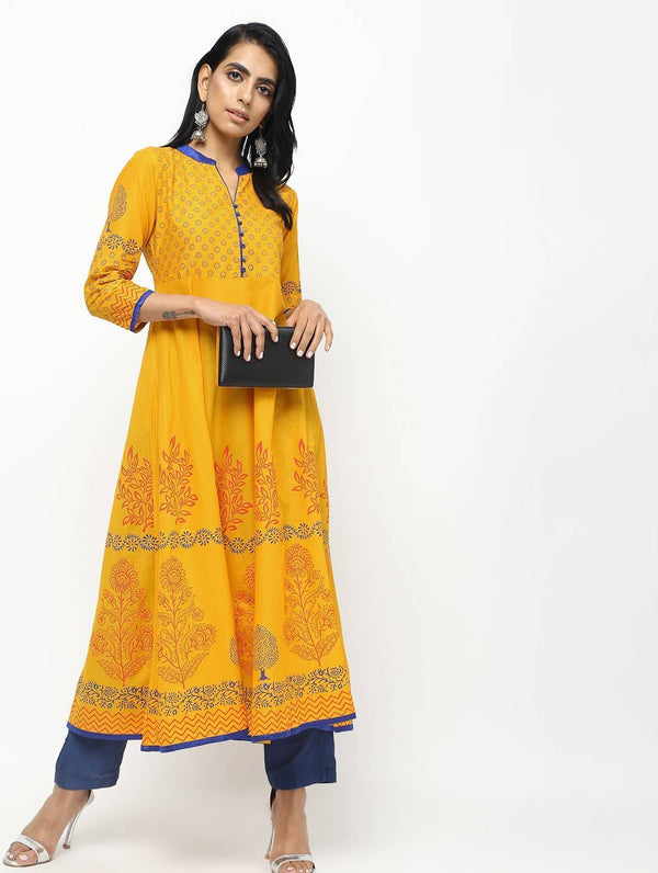 Women's Mustard Front Contrast Butning And Beautiful Block Print Design Anarkali Kurta Only - Cheera