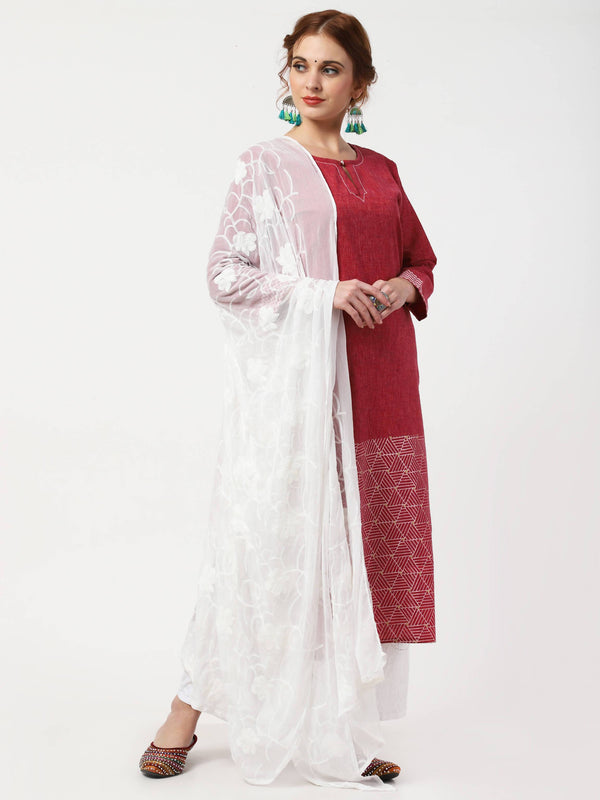 Women's Maroon & White Khadi Cotton Kurta With Chikankari Palazzo & Embroidered Dupatta Set - Cheera