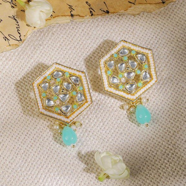 Gold Plated Kundan White & Blue Beads Stud Earrings