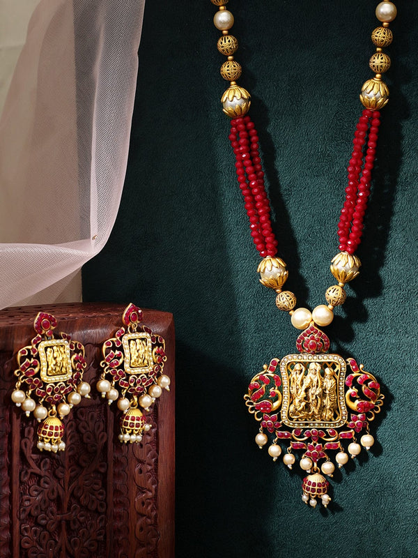 Rubans Gold Plated Maroon Red Necklace Set