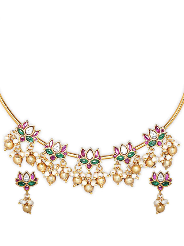 Gold Plated Pink & Red Stone Lotus Flower Necklace Set