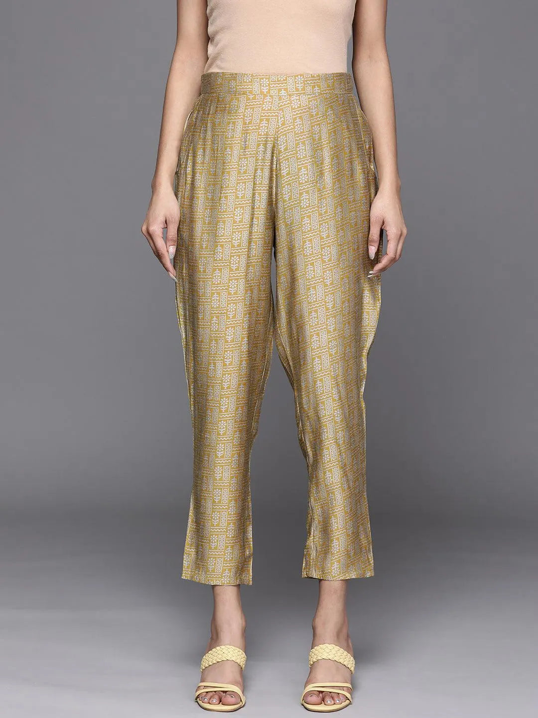 Gold Printed Silk Trousers - Jashvi