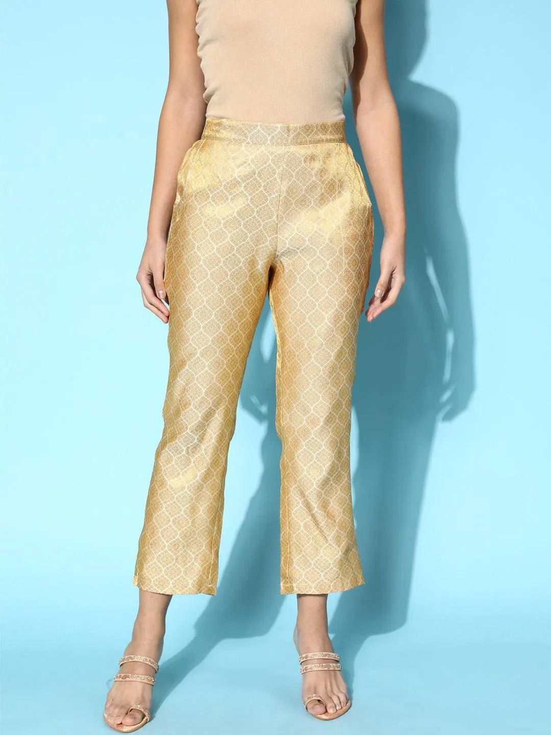 Gold Self Design Jacquard Trousers - Jashvi