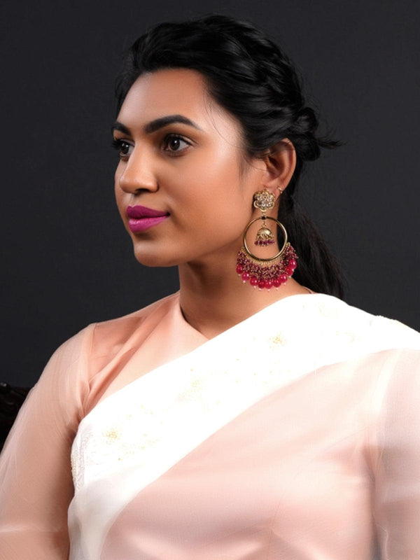 Women's Gold Tone Magenta Pink Dangling Ring-Jhumka Earrings - Odette