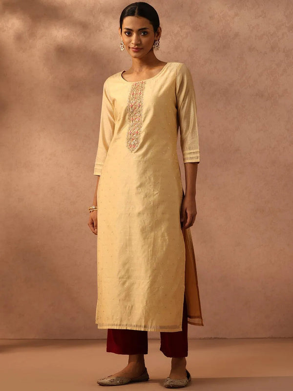 Gold Embroidered Chanderi Silk Straight Kurta - Jashvi