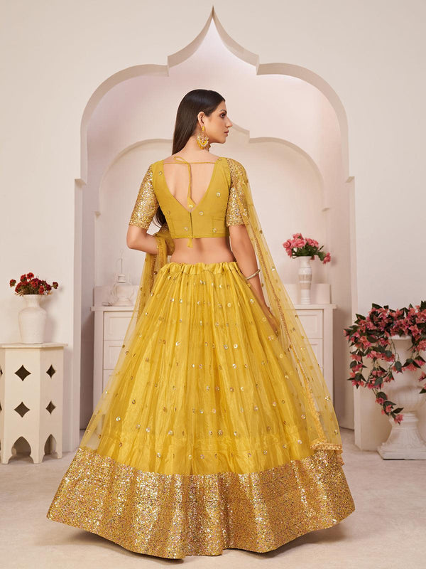 Women's Golden Yellow Color Mono Net Fabric Heavy Designer Lehenga - Odette