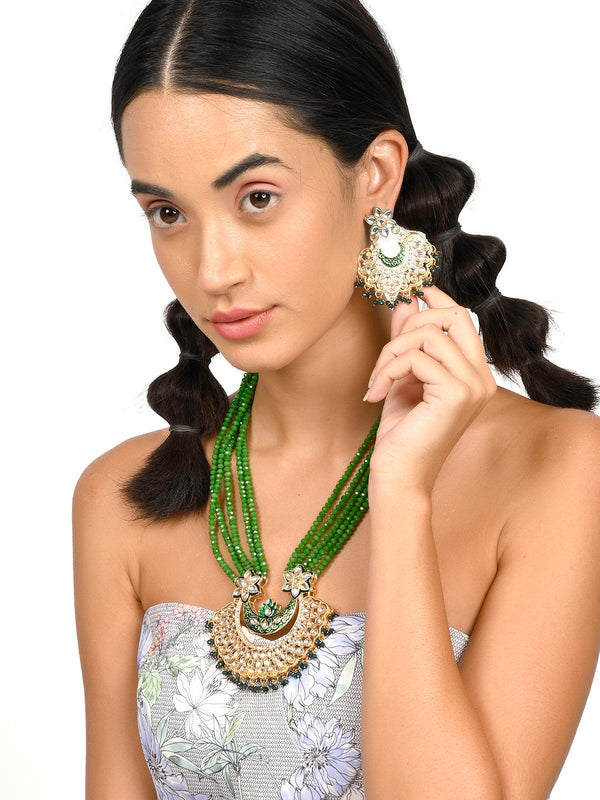 Women's Gorgeous Green Long Mala Necklace Set - Odette