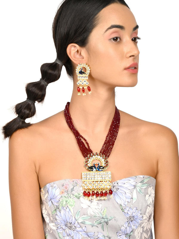 Women's Gorgeous Maroon Peacock Embellished Necklace - Odette