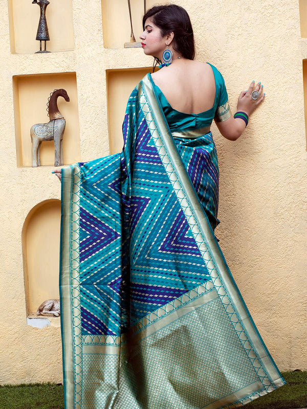 Women's Gorgeous Woven Blue Banarasi Silk Saree - Odette