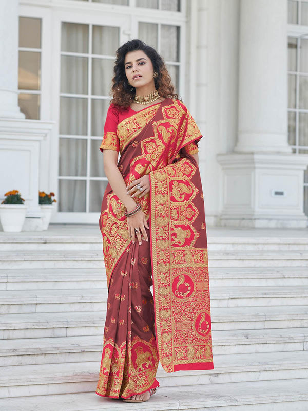 Women's Gorgeous Woven Brown Banarasi Silk Saree - Odette