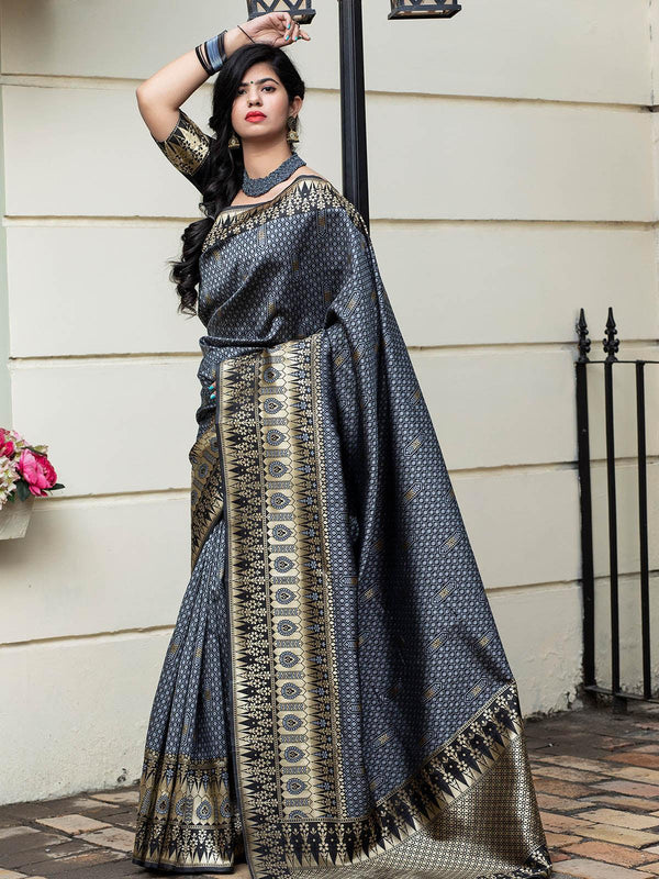 Women's Gorgeous Woven Grey Banarasi Silk Saree - Odette