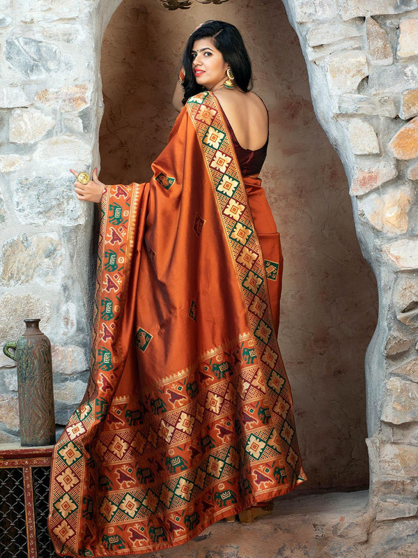 Women's Gorgeous Woven Orange Patola Silk Saree - Odette