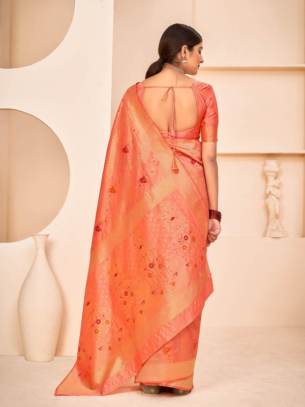 Women's Gorgeous Woven Peach Banarasi Silk Saree - Odette