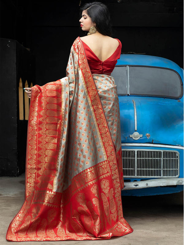 Women's Gorgeous Woven Red Banarasi Silk Saree - Odette